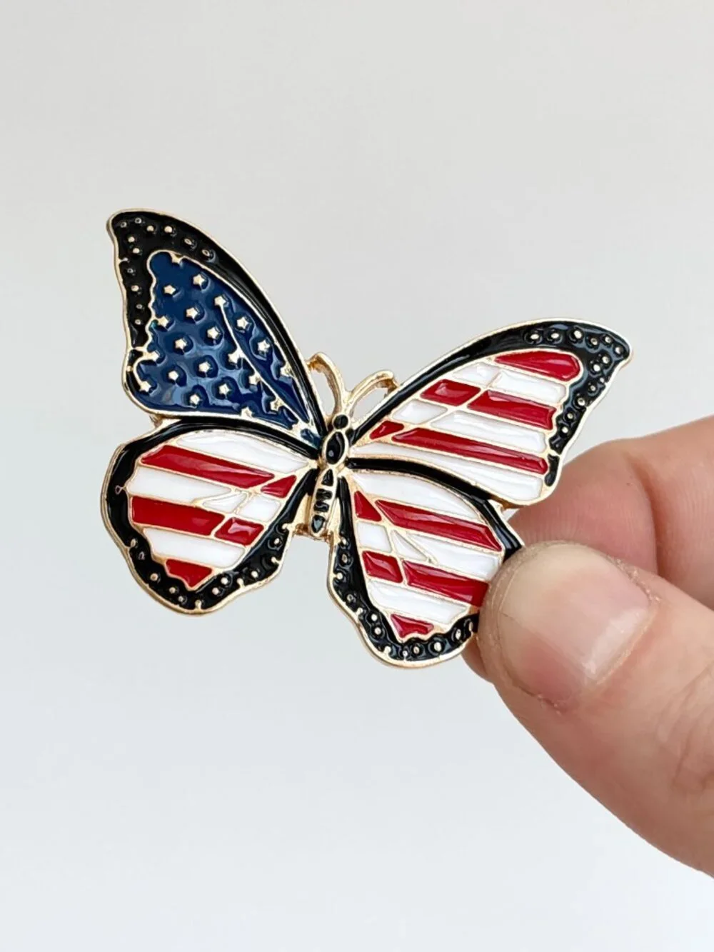 Butterfly Figural American Flag Enameled Gold Toned Patriotic Brooch Pin
